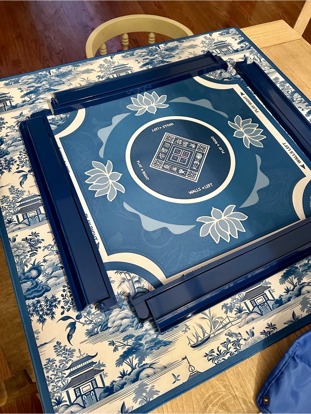 Mahjong Blue Floral Game Table Mat with Lotus Motif and blue racks